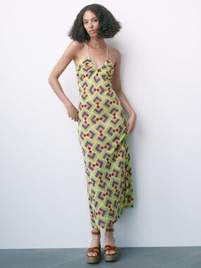 Zara Geometric Print Slip Dress in Lime and Pink
